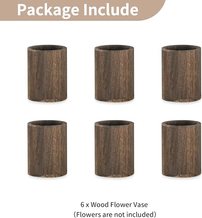 NUPTIO Wood Vases Rustic Centerpiece: 6 Pcs 5.1" Wooden Vase for Home Decor - Brown Small Vase for Wedding Table Living Room Shelf Decor