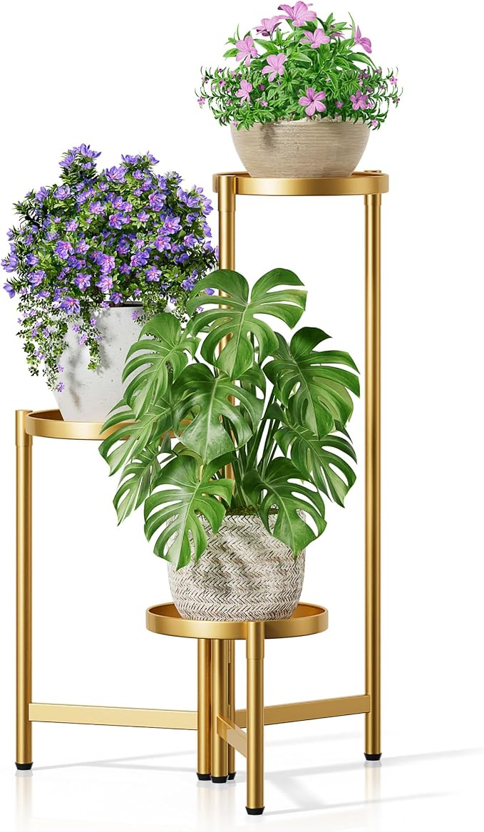 3 Tier Gold Plant Stand Indoor with 7.9 Inch Wide Tray, 3-Tiered Corner Metal Outdoor Flower Holder Stand, Folding Tall Rack for Display Shelf for Patio Porch Balcony - GoldDisk