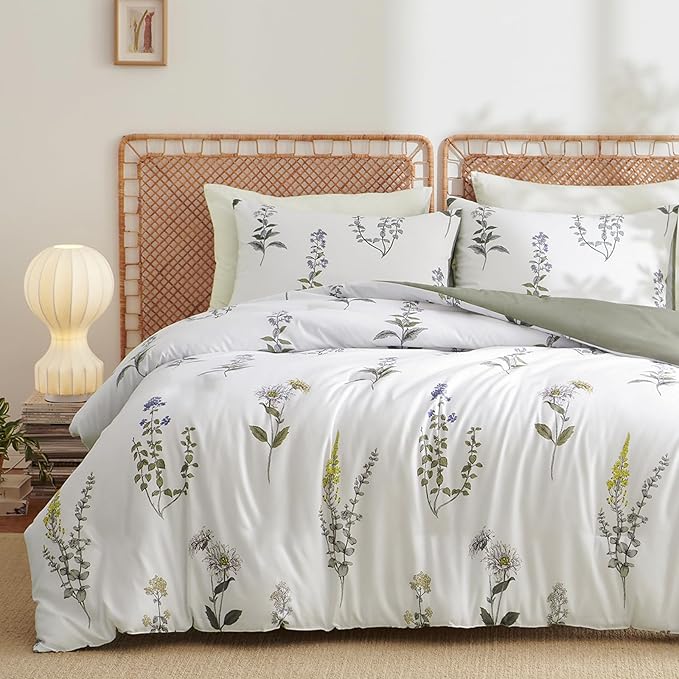 Nayoroom Floral Duvet Cover Queen Size White Green Botanical Flower Cottagecore Bedding Set 3 Pieces Soft Lightweight Reversible Aesthetic Duvet Cover with Zipper Closure