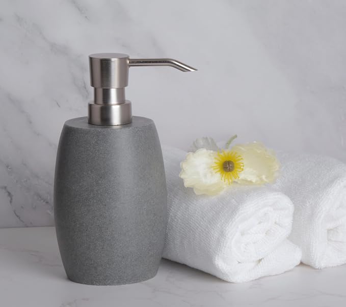 Clasin Home Sandstone Textured Resin Soap Dispenser with Metallic Pump and Waterproof Bottle Labels for Bathroom Kitchen Dish Hand Wash Shower Lotion Shampoo, 12 Oz, Gray