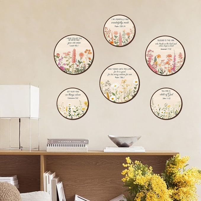 TOARTi 6pcs Christian Floral Round Wall Art Set(9.9”x3/7.9”x3),Vintage Wildflower Bible Verse Hanging Sign Flowers Wooden Wall Art Scripture Botanical Religious Wall Decor for Church Living Room
