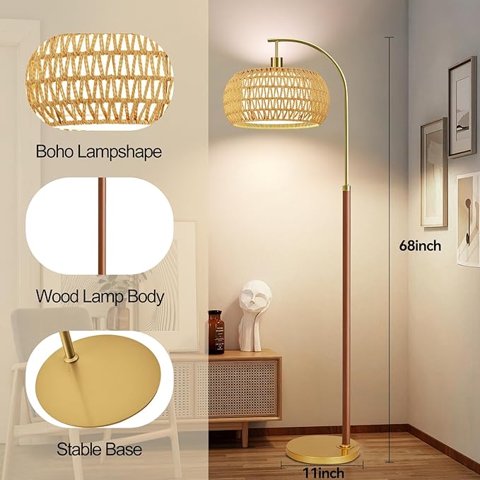 Wood Arc Floor Lamps for Living Room,Boho Rattan Floor Lamp with Remote Control & 3 Color Temperatures,Dimmable Mid Century Modern Standing Lamp Farmhouse Vintage Tall Floor Lamp For Bedroom Corner