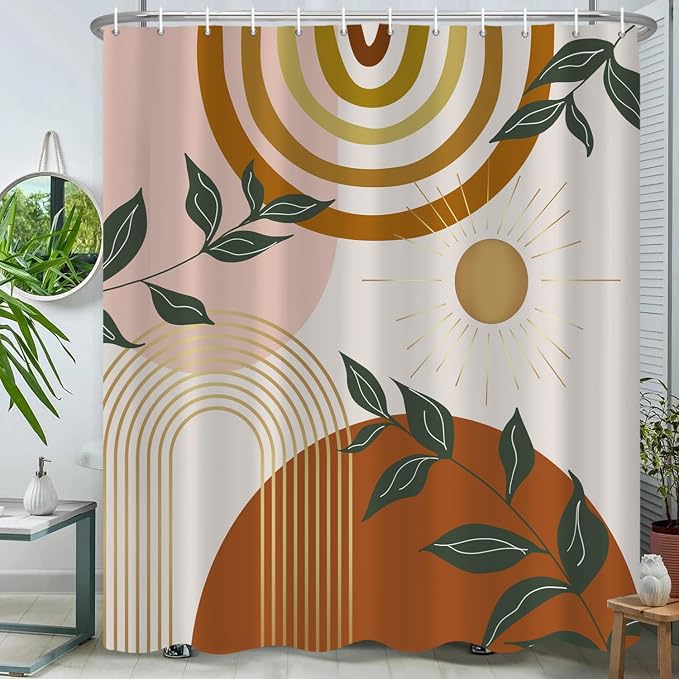 Boho Shower Curtain Mid Century Modern Shower Curtains For Bathroom Orange Minimalist Abstract Geometric Bohemian Shower Curtain Set Plant Botanical Leaf Fabric Bathroom Curtain 72x72 Inches