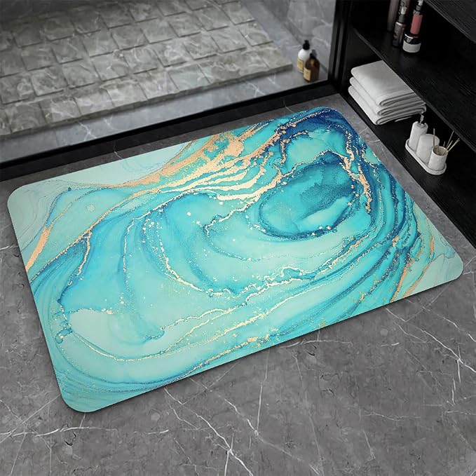 Diatomaceous Earth Bath Mat,Turquoise Marble Non-Slip Volume Super Absorbent Fast Drying for Bathroom Kitchen Door mat,Eco-Friendly Easy to Clean 20×31Inch (50 * 80cm)