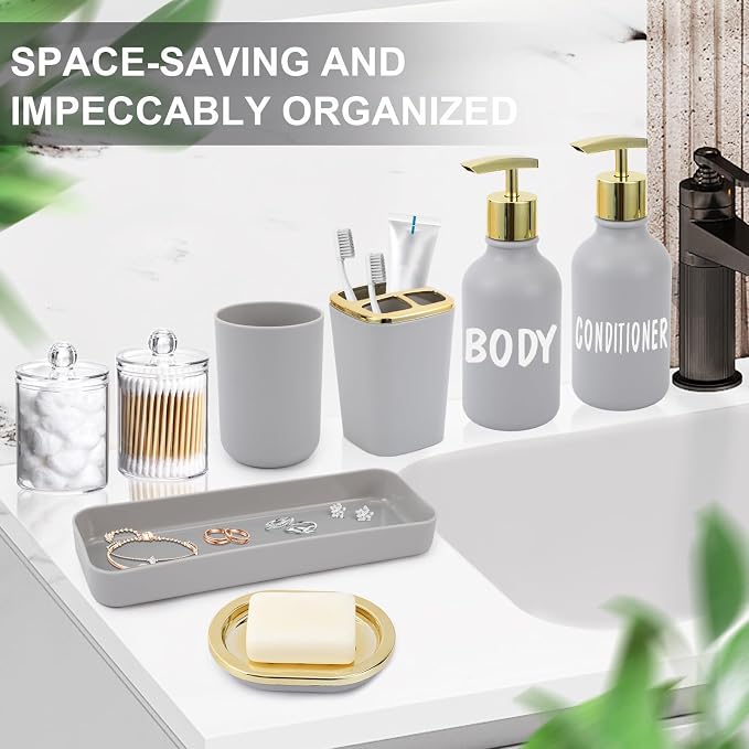 XLHOMO Grey and Gold Bathroom Accessories Set - 10 Piece Bathroom Sets with Trash Can and Toilet Brush, Soap Dispenser, Toothbrush Holder and Cup, Soap Dish, Qtip Holder, for Housewarming Present