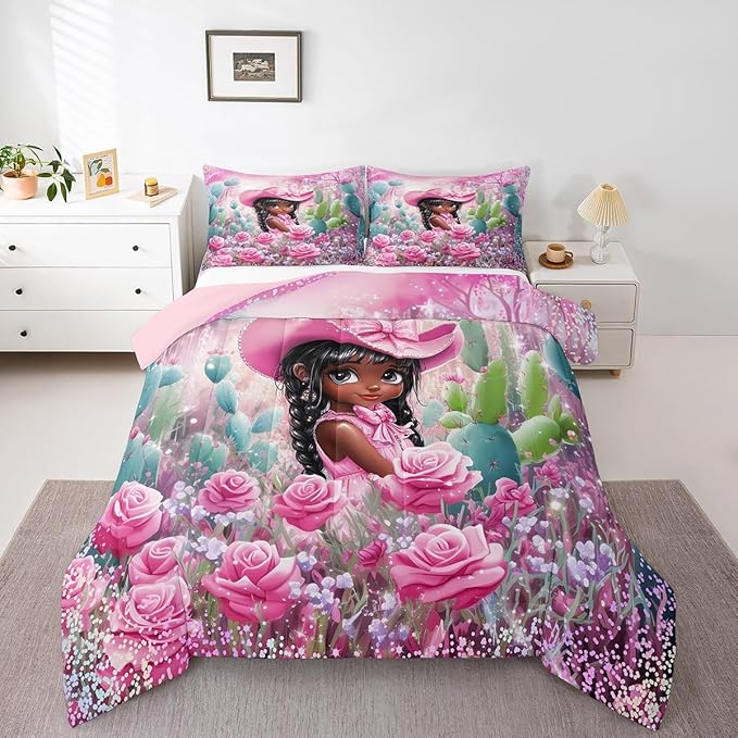 Pink Cowgirl Comforter Set Queen Size,Reversible Southwest African Style Black Bedding Set for Women Adult,Western Floral Desert Cactus Sparkling Luxury Bed Duvet Insert, 2 Pillowcases