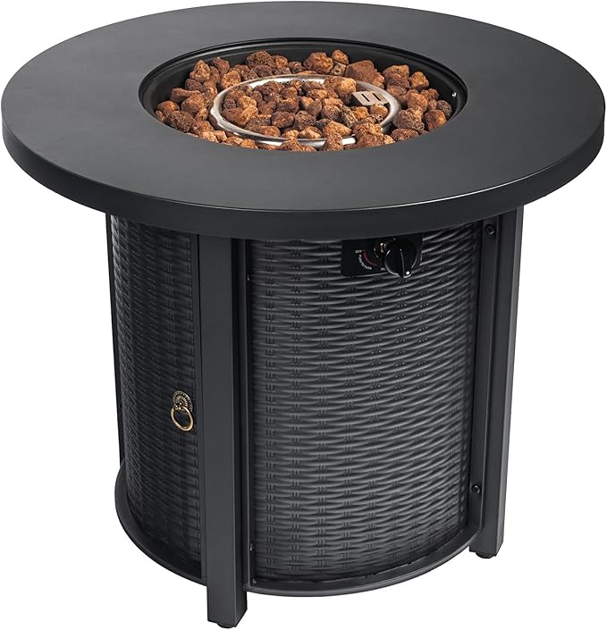 30" Propane Gas Fire Pit Table, 50000 BTU Round Steel Fire Pit with Lid & Glass 2 in 1 Fire Pit Table Rock for Outside Patio Deck Garden Courtyard