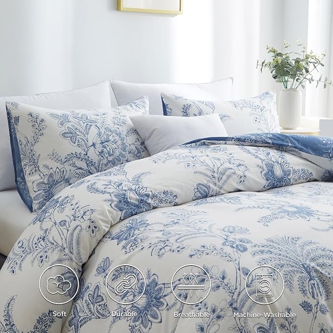 Nayoroom Floral Duvet Cover Set Queen Size Cottagecore White Blue Flower Leaf Comforter Cover 3Pcs Soft Breathable Microfiber Pastoral Garden Aesthetic Bedding Set with Zipper Closure
