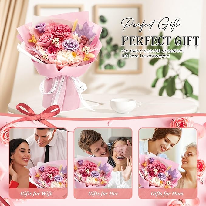 Preserved Flowers Roses Bouquet with Vases Real Pink Flowers for Delivery Prime, Forever Glitter Rose Bouquets Kit,Handmade Flowers Eternal Rosas,Gifts for Graduation Mom Women Birthday(Pink)