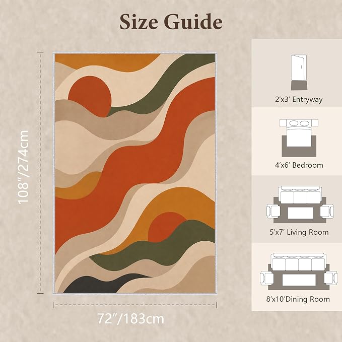 Burnt Orange Abstract Area Rug 6x9, Mid Century Modern Wave Rug, Retro Wavy Geometric Washable Low Pile Non Slip Rug for Living Room Bedroom
