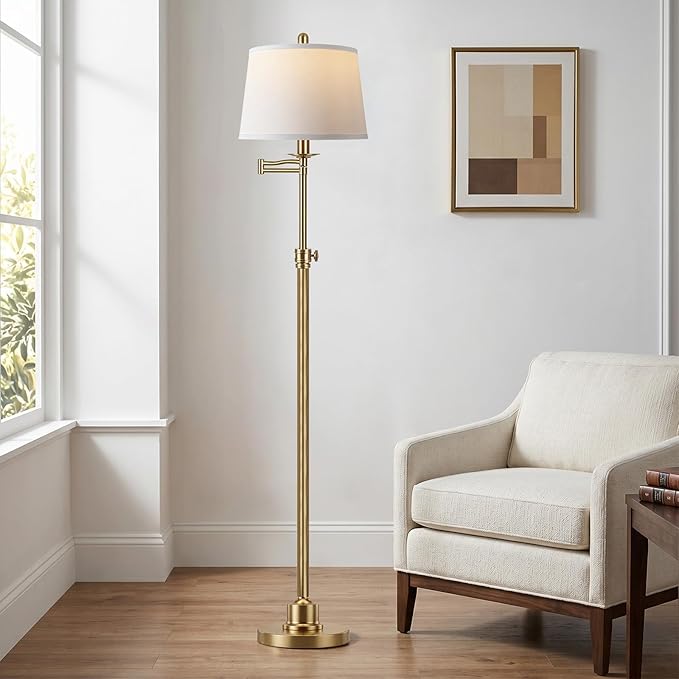 Vintage Floor Lamp for living room, Brushed Antique Brass Farmhouse Standing Lamp with 350° Swivel Swing Arm, 56.6''-66'' Mid Century Modern Height Adjustable Tall Lamp for Bedroom (LED Bulb Included)