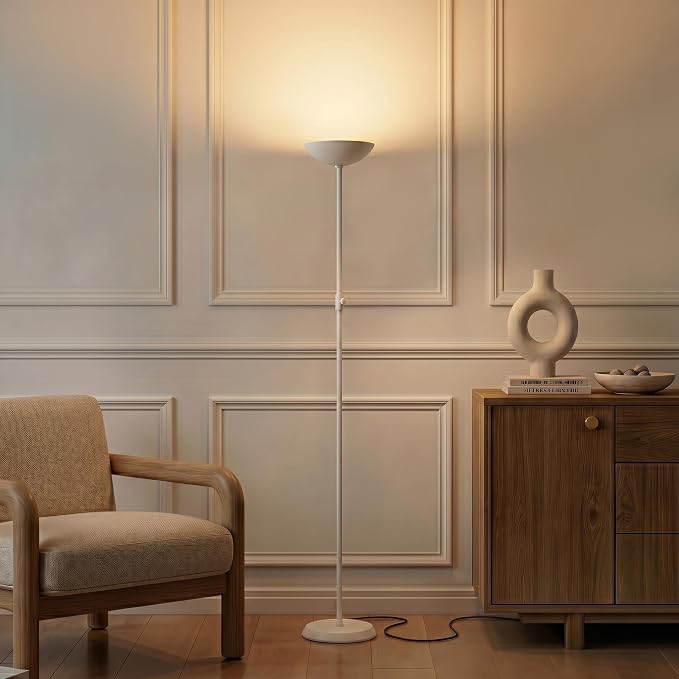 Brightech SkyLite LED Floor lamp, Torchiere Super Bright Floor Lamp for Living Rooms & Offices - 3 Way Dimmable Tall Torch Lamp, High Lumen Standing Pole Lamp for Bedroom Reading - White