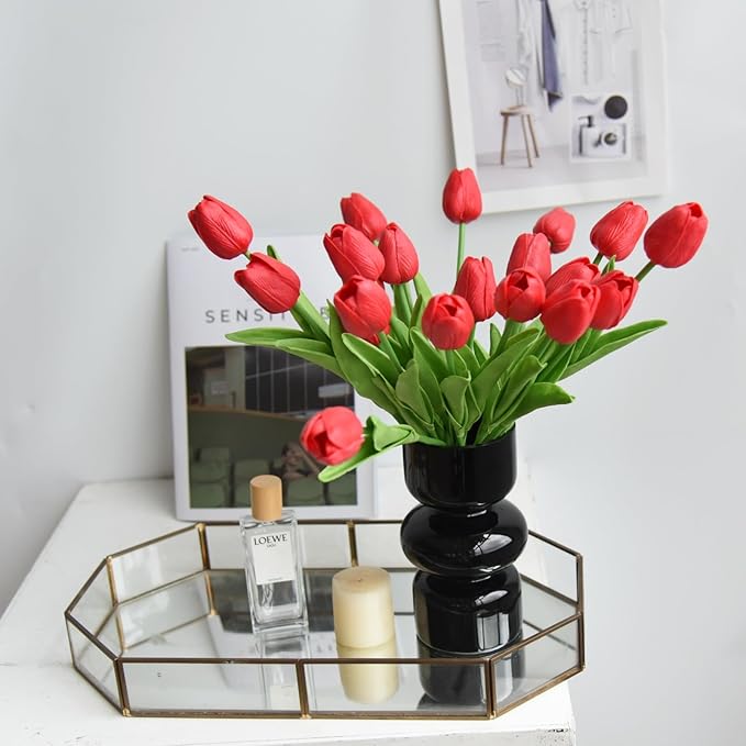 20 Pcs 13” Real Touch Red Tulips Artificial Flowers, Latex PU Fake Faux Lifelike Flowers with Stems, for Christmas Valentine's Day Mother's Day Easter Home Decor Wedding Bouquet