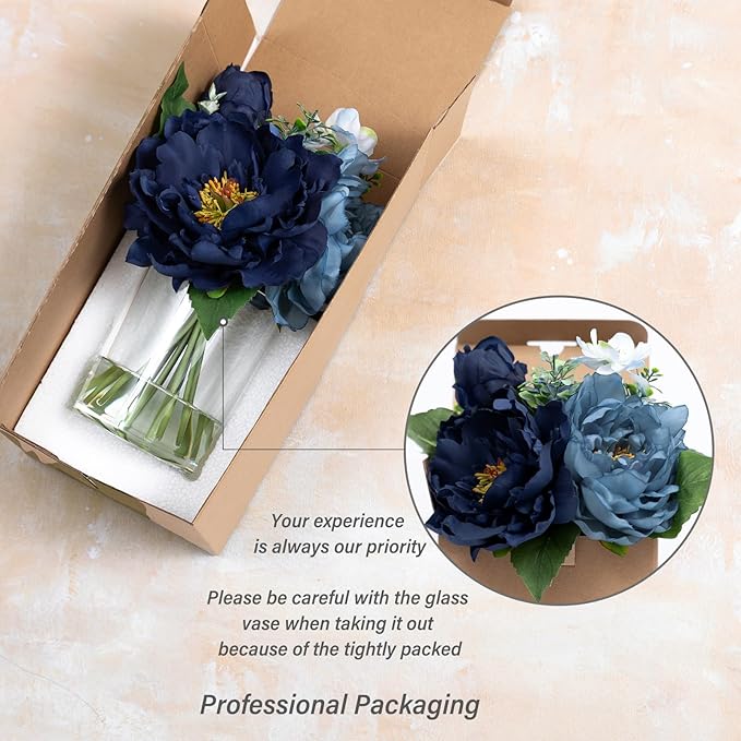 WELL KNOWN Artificial Flowers in Glass Vase with Fake Water, Silk Peony Flower Bouquet for Home Dinning Tea Table, Office Desktop, Hotel, Wedding, Party, Lavatory Decor & Gift (Navy Blue & Light Blue)