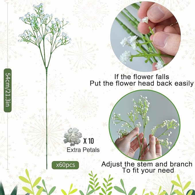 JIFTOK Babys Breath Artificial Flowers, 60 Pcs Fake Flowers Gypsophila Bouquet Fall Flowers Artificial for Decoration, Real Touch Silk Flower for Wedding Christmas DIY Party Home Garden Office(White)