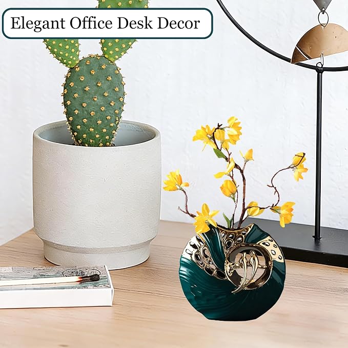 Luxury Green & Gold Ceramic Vase with Lovebird Design, Modern Home Decor for Living Room, Entryway, Bookshelf, Perfect for Dried Flowers, Faux Plants, Wedding & Housewarming Gift(Vase)
