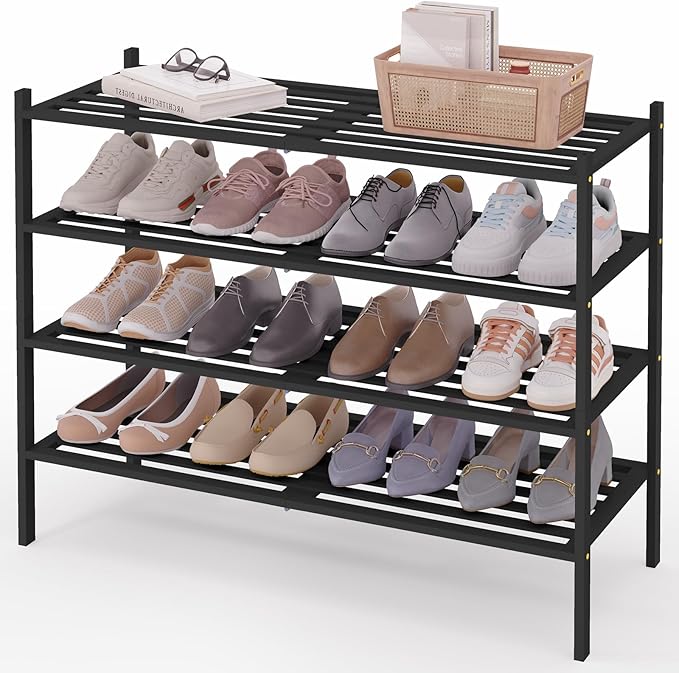 Smiry Long Bamboo Shoe Rack 4-Tier, Stackable Wooden Shoe Organizer for Entryway & Closet, Free Standing Wood Shoe Storage Shelf for Front Door & Small Spaces, Black