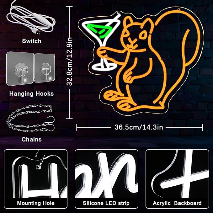 Squirrel Drinking Martini Neon Sign for Wall Decor Cocktail Martini Neon Light Squirrel LED Light Animal Neon Lights for Room Wall Decor Bar Club Neon Light Game Room