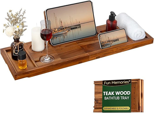 Teak Bathtub Tray - Luxury Bath Tray with Expandable Handles, Wine Glass and Phone Holders, Book Stand - Perfect for Home Spa Relaxation and Reading - Natural Bath Accessories - Light Walnut Color