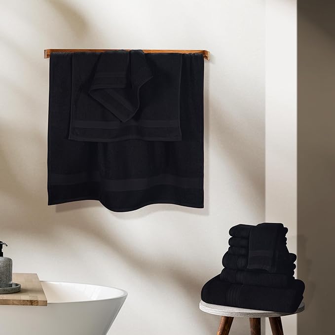 GLAMBURG Ultra Soft 24-Piece Towel Set - 100% Pure Ringspun Cotton, Contains 8 Oversized Bath Towels 27x54, 8 Hand Towels 16x28, 8 Wash Cloths 13x13 - Ideal for Everyday use, Hotel & Spa - Black