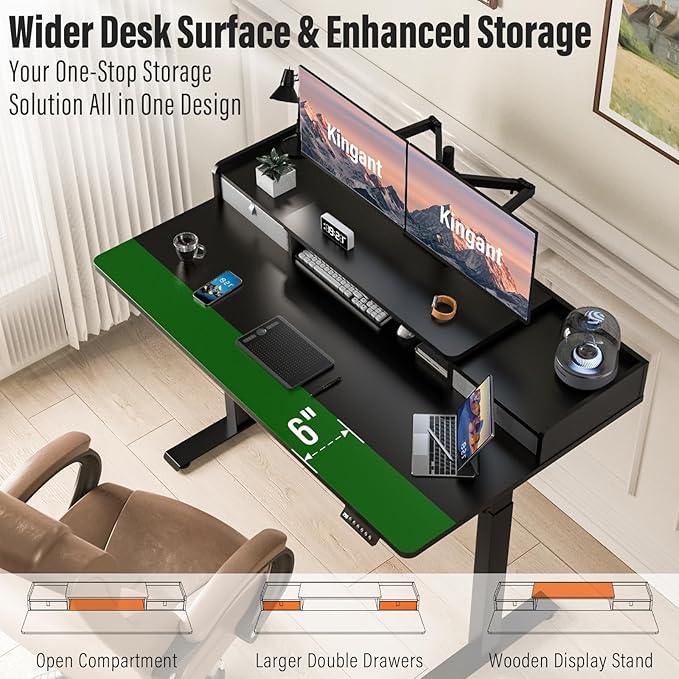 Kingant 63" x 30" Standing Desk with Drawers, Large Desktop, Ergonomic Sit Stand Desk for Home Office Work, Cable Management, 3 Preset Heights & 2 Hooks, Classic Black