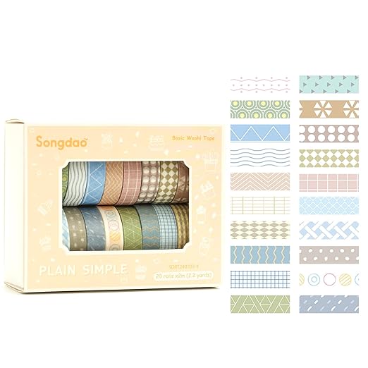 Songdao 20 Rolls Basic Washi Tape Set Japanese Arts Adhesive Tapes Simple Patterns Decorative Masking Tape Sets for Craft, Kids, Scrapbook, DIY, Gift Wrapping (Style Four)