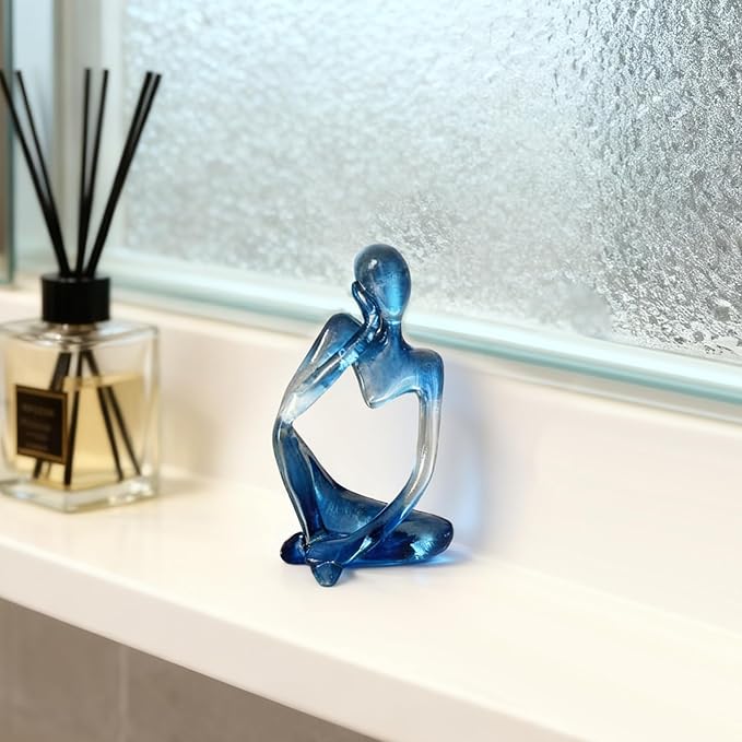 Dnoifne Abstract Gradient Blue Resin Thinker Statue, Modern Translucent Sculpture Ornament, Artistic Desk & Shelf Decor, Perfect Housewarming Gift for Living Room and Office
