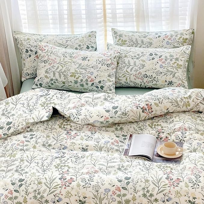 VM VOUGEMARKET Green Flower Comforter Set Queen,Bright Fresh Forest Botanical Bedding Set,Soft & Lightweight Comforter for Girls Women-Green White