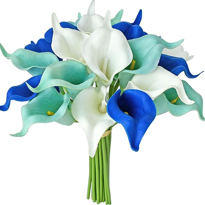 Mandy's PU Shades of Blue Calla Lily Artificial Flowers 20 Stems 13.5in Faux Realistic Centerpiece for Thanksgiving and Christmas Decorations DIY Bridal Bouquet Home Décor