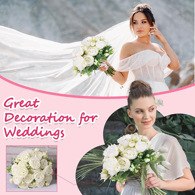 Olgaa 12 Bundles Peonies Artificial Flowers Artificial Peonies Silk Flowers Bulk Fake Peony Bouquet for Bridal Shower Decorations Wedding Table Centerpiece (White)