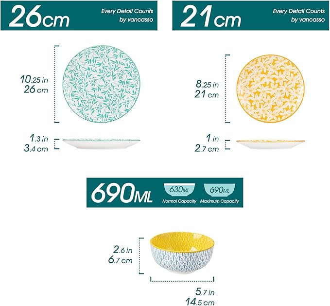vancasso SELENE Plates and Bowls Set for 6, 18 Pieces Dinnerware Sets, Mircowave and Dishwasher Safe Dishes Set, Porcelain Pastel Dinnerware