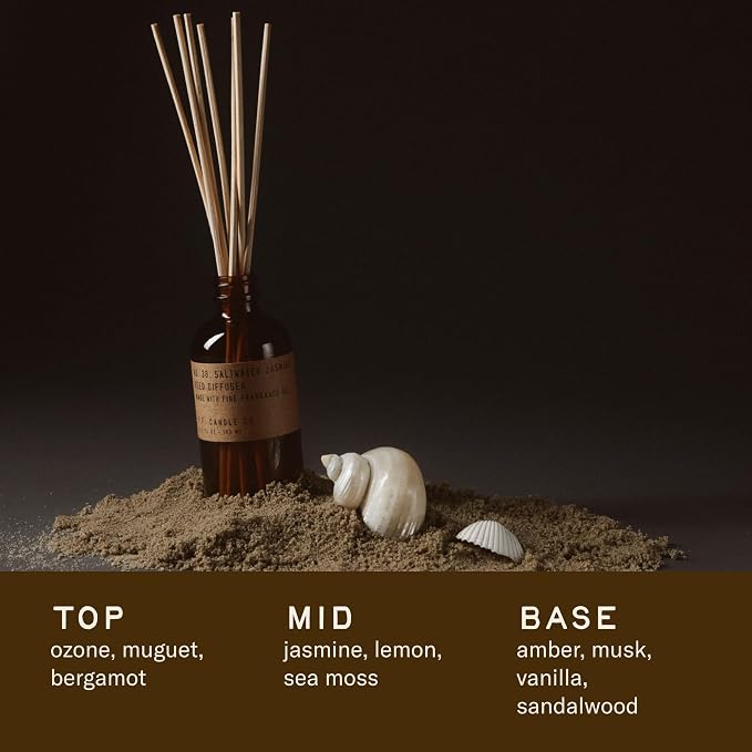 P.F. Candle Co. Classic Scented Rattan Reed Diffuser (3.5 fl oz) Amber Glass Jar, Fine Fragrance Oil, Low Maintenance Scent Throw (Saltwater Jasmine, 3.5 fl oz)