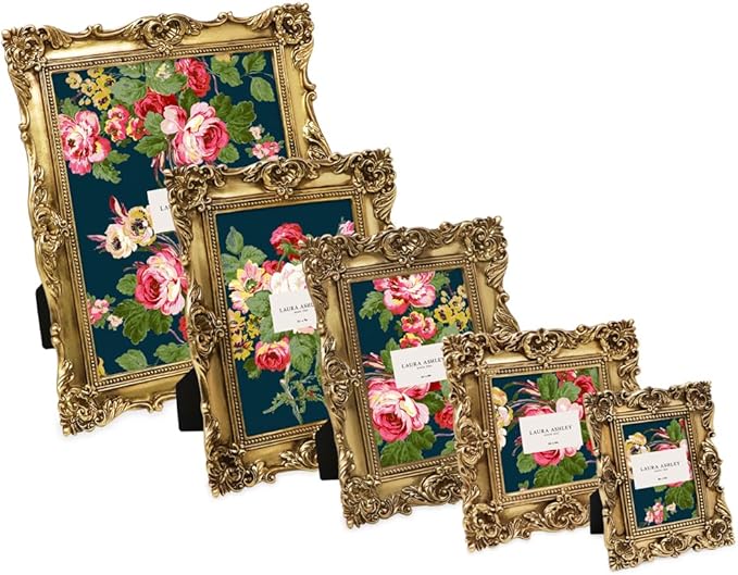 Laura Ashley 5x7 Gold Ornate Textured Hand-Crafted Resin Picture Frame with Easel & Hook for Tabletop & Wall Display, Decorative Floral Design Home Décor, Photo Gallery, Art, More (5x7, Gold)