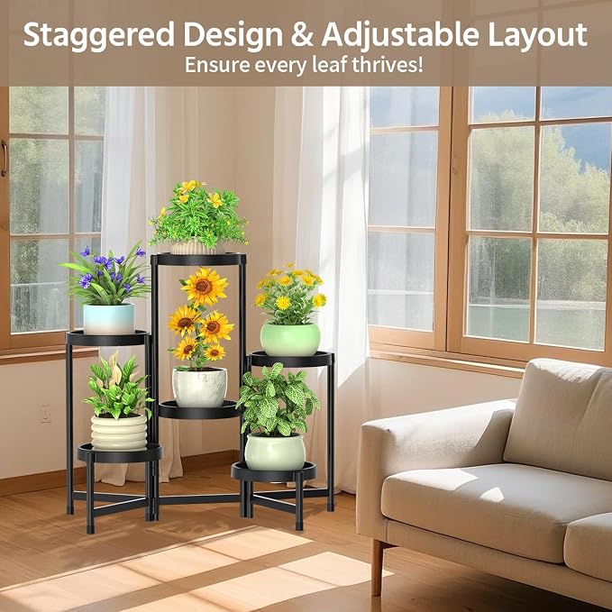 LASZOLA 6 Tiered Plant Stand Indoor Outdoor with Plastic Tray, Corner Folding Tall Flower Display Rack, Modern Plant Holder Shelf for Outdoor Patio Porch Garden Office Living Room, Black