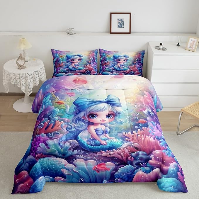 Cute Mermaid Comforter Set Queen Size,Beautiful Mermaid Fairy Tale Reversible Bedding Set for Women Adult,Watercolor Coral Cartoon Undersea World Luxury Bed Duvet Insert, 2 Pillowcases