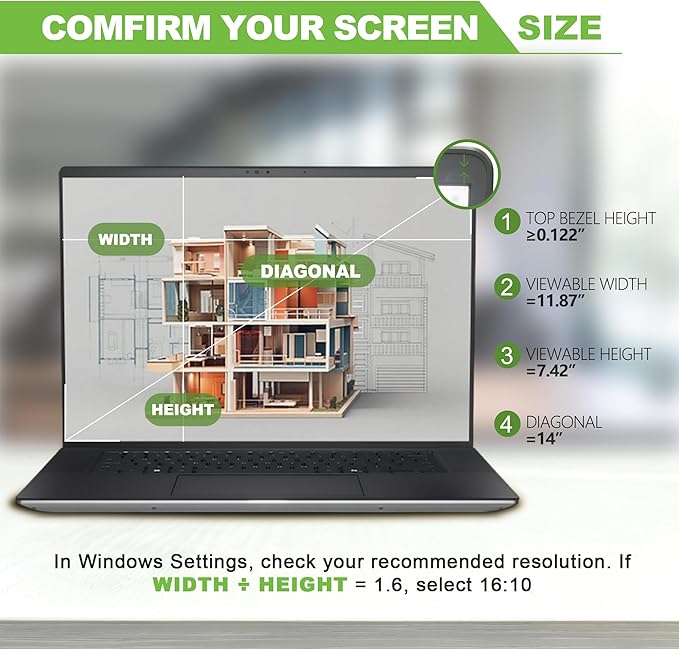 Magnetic Laptop Privacy Screen 14 inch for 16:10 Computer Monitor, Removable Anti-Glare Screen Privacy Shield, Screen Filter and Protector for Laptop (11 7/8" × 7 7/16"), Fits (WUXGA 1920 × 1200)