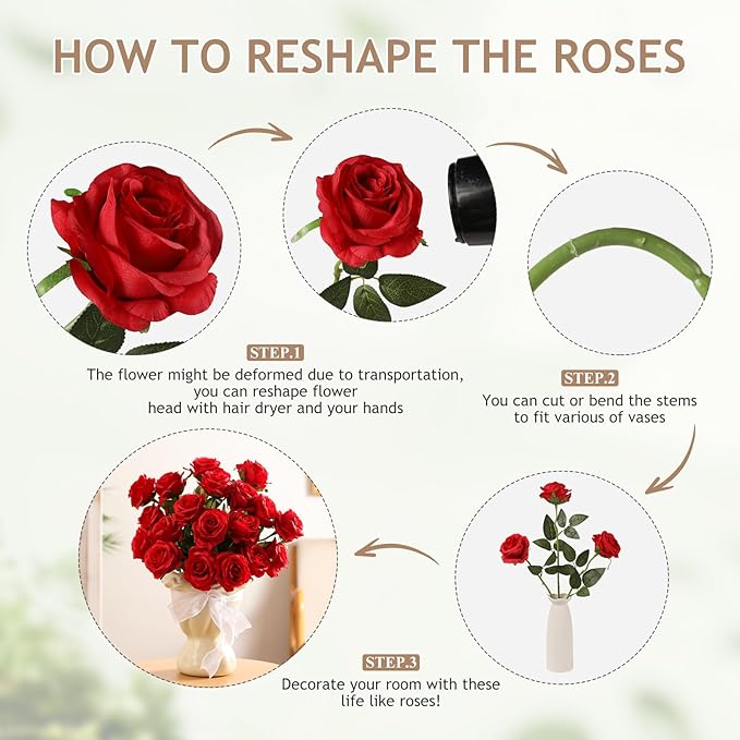 Kisflower 80 Pcs Red Roses Artificial Flowers Bulk, Silk Roses with Stems Real Look Artificial Red Roses for Decoration DIY Wedding Bouquet Bridal Shower Party Home Table Centerpieces Decor (Red)