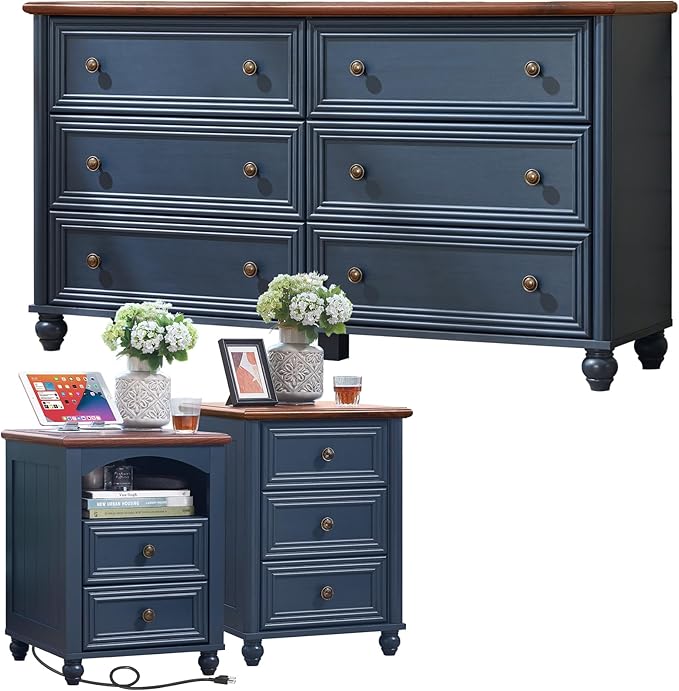 Dressers & Night Stand Set of 3, Wood 54'' Wide Dresser & 18'' Chest of Drawers, Roman Column 2 & 3 Drawer Nightstand Set of 2, Furniture 6 Drawer Dresser Suites for Bedroom Living Room, Hallway, Home
