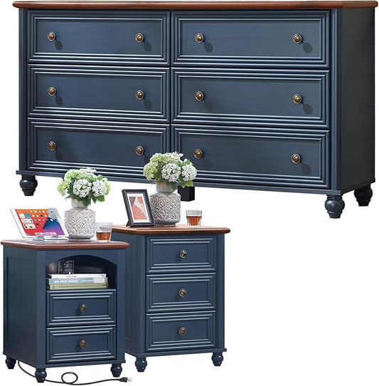 Dressers & Night Stand Set of 3, Wood 54'' Wide Dresser & 18'' Chest of Drawers, Roman Column 2 & 3 Drawer Nightstand Set of 2, Furniture 6 Drawer Dresser Suites for Bedroom Living Room, Hallway, Home
