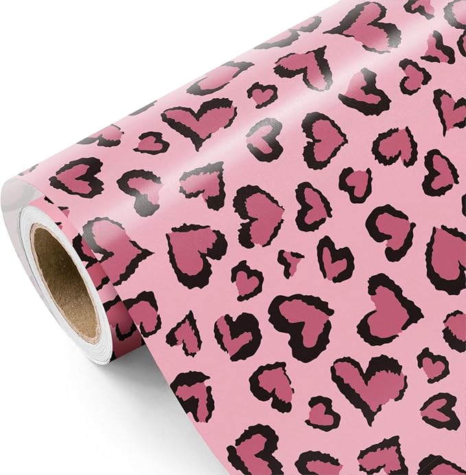 WRAPAHOLIC Leopard Wrapping Paper - Mini Roll - 17 Inch x 16.5 Feet - Pink Heart Wrapping Paper Perfect for Girls Birthday, Valentine's Day, Baby Shower, Wedding
