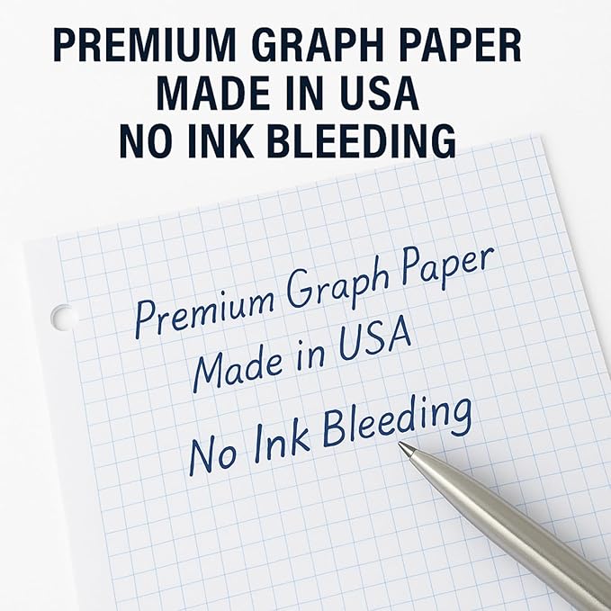 WritePads Graph Paper Loose Leaf Paper, Standard 8"x10-1/2" 4x4 Quad Ruled Notebook Paper,3 Hole Punched Filler Paper, 3 Ring Binder Paper, 300 Sheets Grid Paper, Made In USA