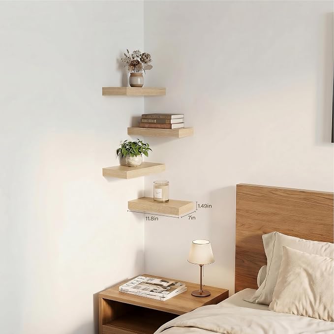 Oak Floating Shelves for Wall Set of 4, 11.8 Inch Small Wood Wall Shelves for Bathroom Over Toilet, Kitchen & Bedroom Storage, Wall Mounted Shelves for Spice Jars, Coffee Bar & Decor