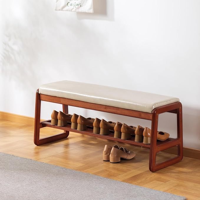 SOBIBO Solid Wood Shoe Bench, 2-Tier Wooden Entryway Bench, Modern Shoe Rack with Faux Leather Cushion for Hallway, Living Room (Gray, 39.4'')