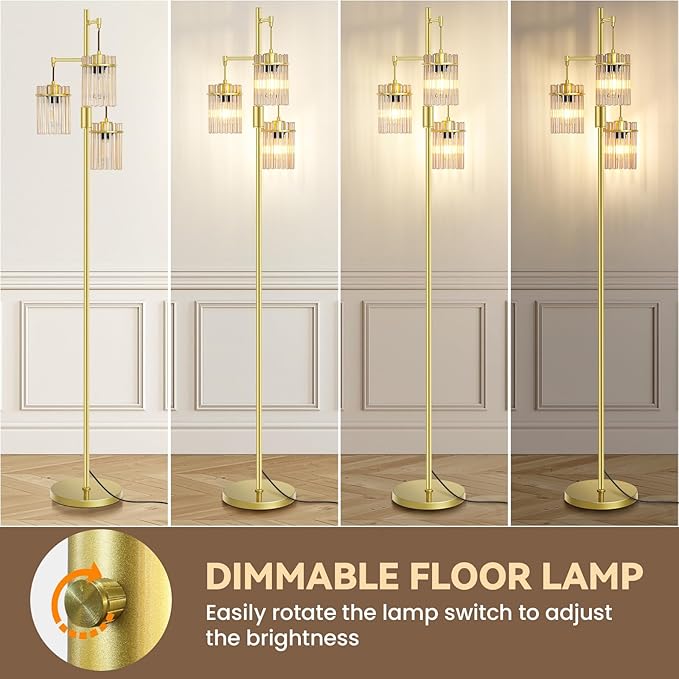 Gold Modern Standing Tall Floor Lamp for Living Room Dimmable, LED Glass Crystal Industrial Tree Lamp for Bedroom, Farmhouse Rustic Home Decor Fancy Light with 3 Bulbs