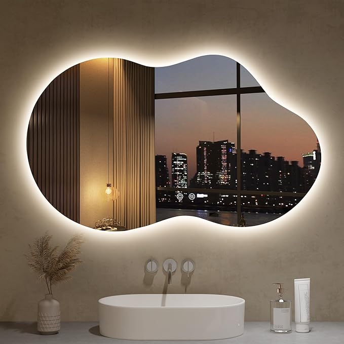 LOVESPEJO Irregular Backlit Mirror Bathroom 40x24 Inch, Asymmetrical Cloud LED Bathroom Mirror with Lights, Fogless, Dimmable, 3 Color Changing, Shatterproof,Horizontal/Vertical