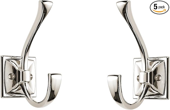 Large Wall Hooks 5 Pack - Polished Nickel Coat Hardware for Hanging Coats - 4.35 Inch Double Robe Hook Wall Mounted With Screws for Key, Towel, Bags, Cup, Hat