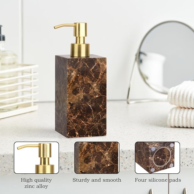 Natural Marble Soap Dispenser for Bathroom and Kitchen Countertop - 5.41 Ounces Hand Lotion and Liquid Stone Shampoo Laundry Bottle with Pump (1, Dark Brown, Rectangular Bottle)