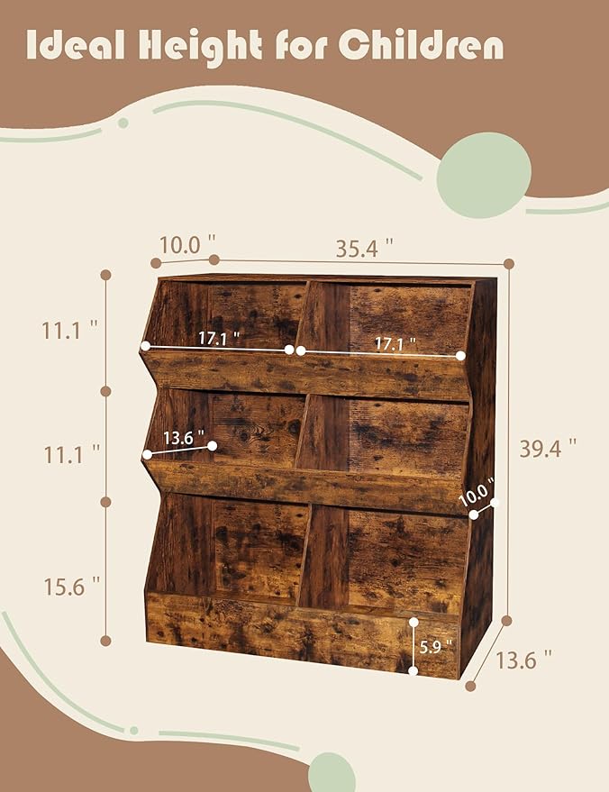 DINZI LVJ Toy Storage Organizer, Kids Bookshelf, Wooden Toy Storage Cabinet, 6 Cubby Children Bookcase, 35.4" L Toddler Book Shelf for Playroom, Living Room, Nursery, Hallway, School, Rustic Brown