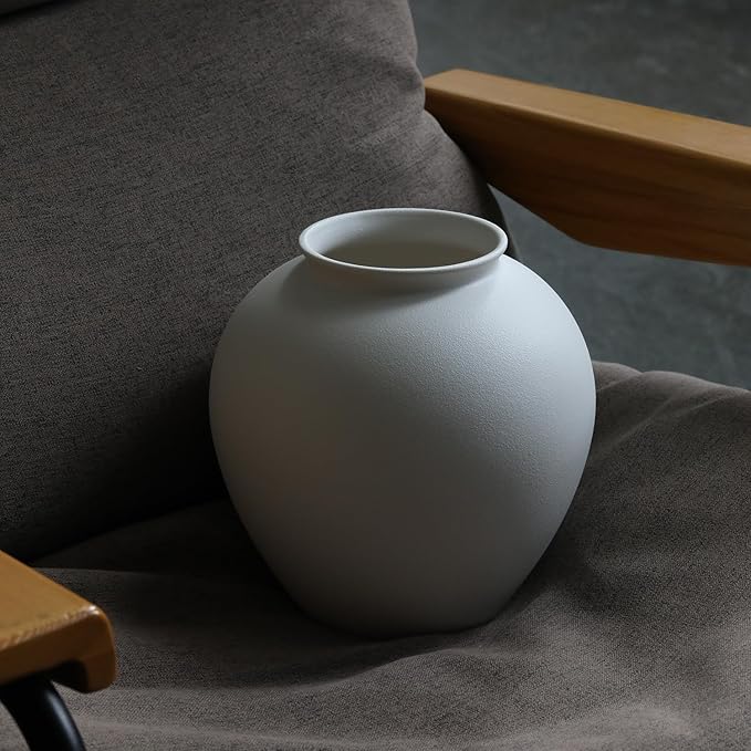 Large Matte White Ceramic Flower vase, Modern Centerpiece Table Decorations,Round Shape Rustic Ceramic vases for Home Decor Dining Room Decorative Jar (White, 0617)