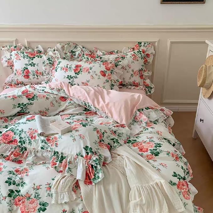LifeTB Vintage Pink Floral Comforter Set Queen Girls Rose Flower Comforter Coquette Bedding Aesthetic Ruffle Comforter Set Soft Fluffy Cottagecore Bedding Set Farmhouse Boho Bed Comforter Queen Size